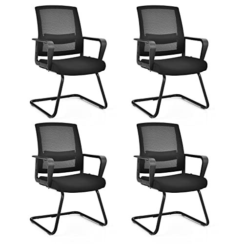 Costway Set of 2 Conference Chair, Office Guest Chair w/Heavy-Duty Sled Shaped Base, Ergonomic Mid-Back Mesh Chair w/Upholstered Seat & Adjustable Lumbar Support for Waiting Room, Reception (4)