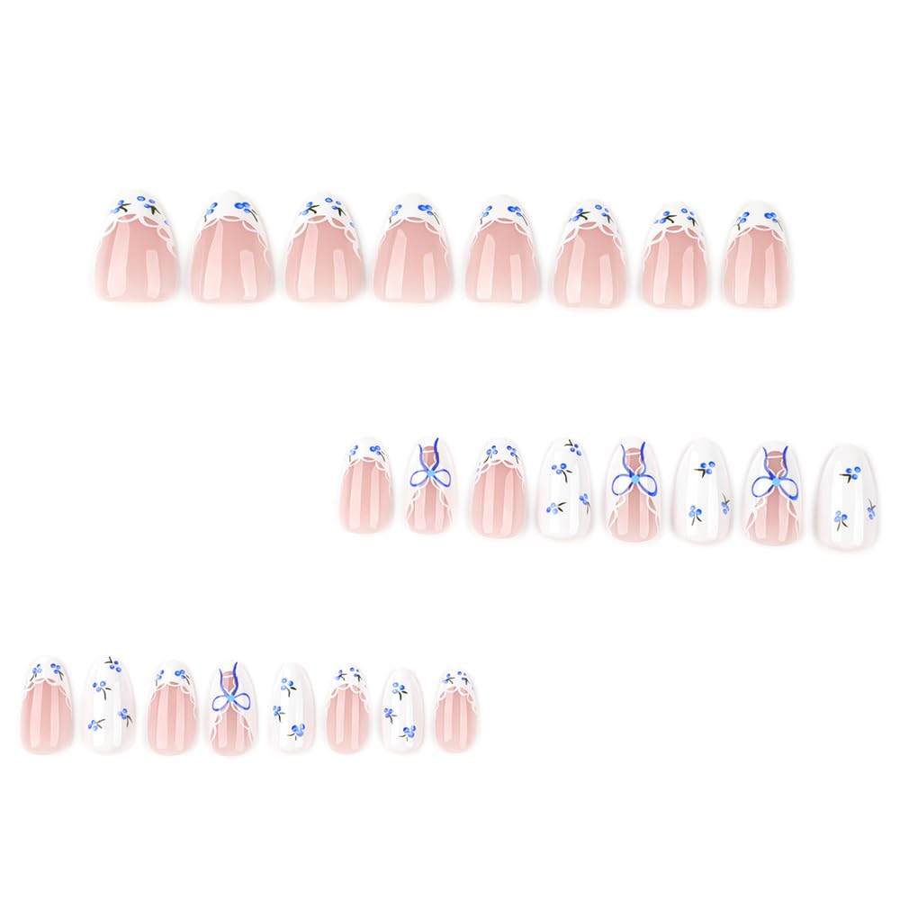 24 Pcs Extra Short Press on Nails Almond Nail Tips,YEFIUO Lace Acrylic Nail Kit Summer White French Fake Nails Press ons Glue on Nails Full Cover Reusable False Nails with Jelly Glue Tool for Ma'am image 5