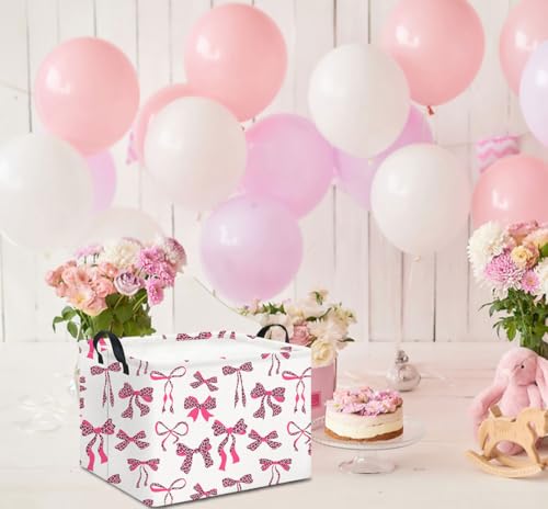 Image of Rectangle Storage Basket with Handles,Collapsible Storage Bin,Books Box,Gift Basket(Pink Leopard Print Bowknot)