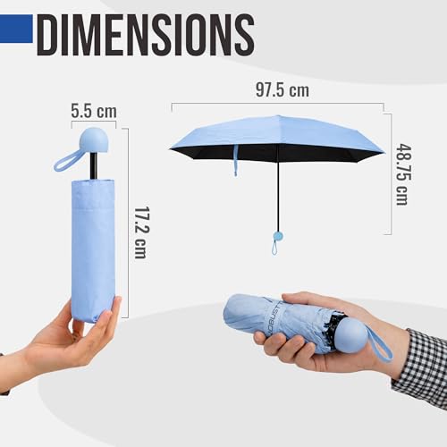 Image of Robustt Capsule Mini Foldable Travel Umbrella | Sky Blue | UPF 50+ UV & Rain Protection | 3 Fold Compact | for Women, Men & Kids | Windproof, Waterproof, Pocket-Size with Storage Case