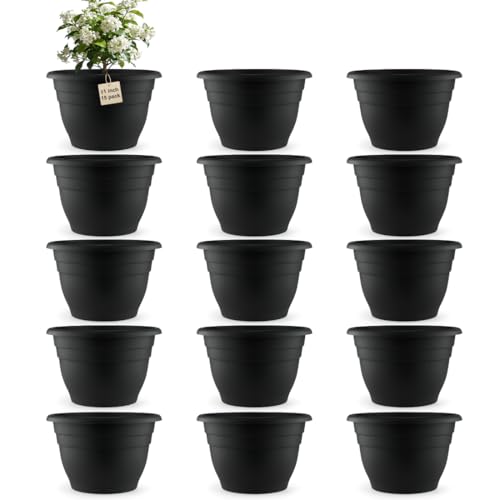 Image of RooTrimmer 15 Pack 11 Inch Plant Pots with Drainage Holes,Black Plastic Flower Pots with Hanging Holes,Durable Planters for Indoor & Outdoor Plants,Nursery Pots