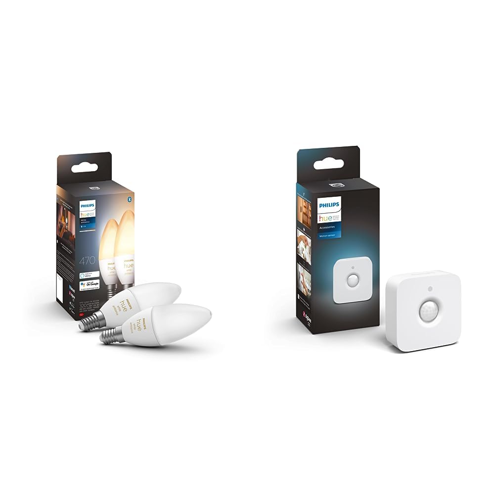 Philips Hue White Ambiance, ampoule LED connectée flamme E14, compatible Bluetooth, pack de 2, fonctionne avec Alexa, Google Assistant et Apple Homekit & Motion Sensor Détecteur de mouvement sans fil