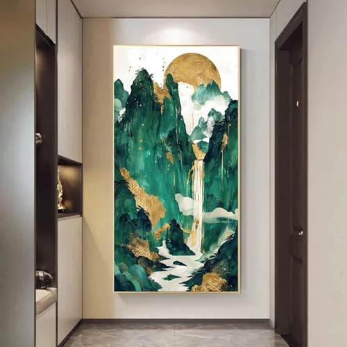 Peinture murale moderne abstraite chinoise montagne verte lune sur toile