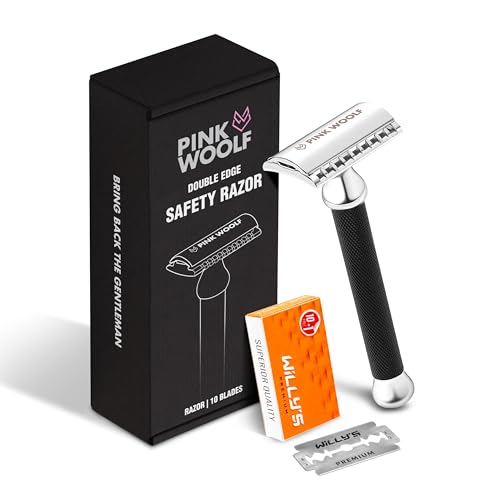 Image of Pink Woolf OC70 Open Comb Safety Razor for Men | Double Edge with 10 Blades | Matte Black Metal Shaver for Thick Beard & Wet Shaving | Aggressive Single Blade with Anti-Slip Handle