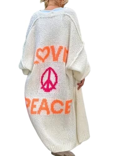 Women's Long Sleeve Cute Cardigan Sweaters V Neck Open Front Ribbed Knit Love Heart Sweaters Coat (US, Alpha, Small, Beige)