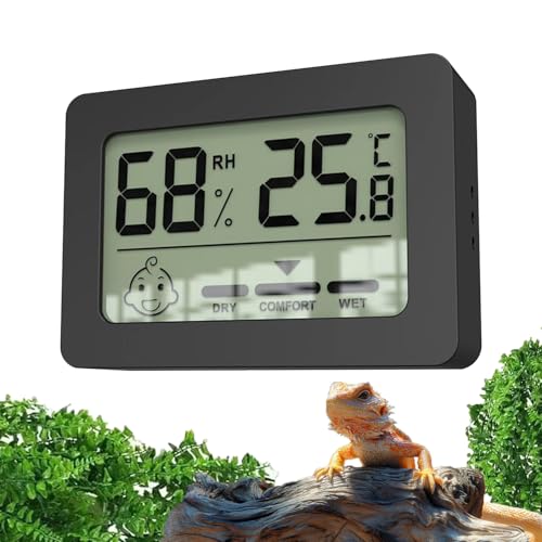 Image of Black Reptile Thermometer Hygrometer with Climate Comfort Indicator, Fast Accurate LCD Digital Temperature & Humidity Monitor for Ball Python, Crested Gecko, Tortoise, Frog Tanks