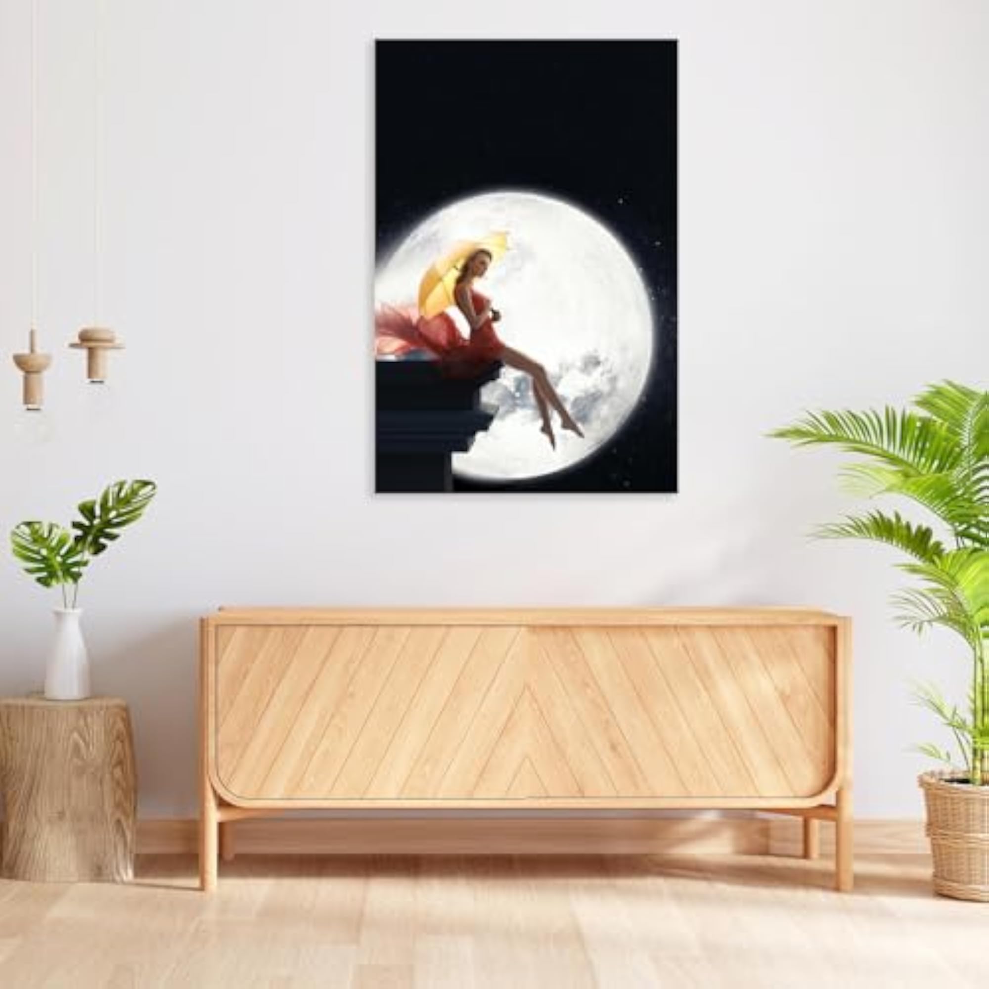 Lady with Umbrella Over Full Moon Peel & Stick Vinyl Wall Sticker