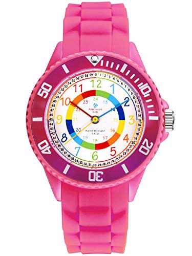 Alienwork Kids Montre Pédagogique Apprendre l'Heure Enfants Fille Rose Bracelet en Silicone Multicolore Enfants Résistant à l'eau 5 ATM Temps d'apprentissage