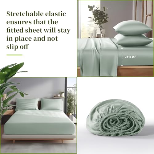 Shilucheng 100% Viscose Derived from Bamboo_ Sheets King Size 4pcs - Ultra Cooling & Silky Soft Bed Sheets, 16" Deep Pocket, Perfect for Hot Sleepers, Hotel Bedding Sheets (Sea Glass)