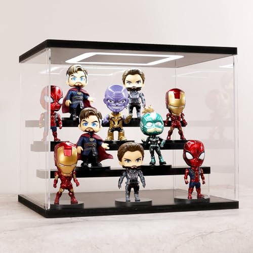 AZEYN Clear Acrylic Display Case with Light , 4 Tier Display Box Stand Assembly Dustproof Protection Showcase for Collectibles Action Figures (Black 12.6Ã—12.2Ã—11.8in; 32Ã—31Ã—30cm)