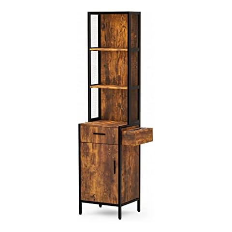 LEADZM Salon Station for Hair Stylist, Wall Mount Barber Stations, Hair Styling Storage Cabinet with 3-Tier Open Shelves,1 Drawer, 1 Cabinet & 3 Hot Tool Holders,Rustic Brown Cover