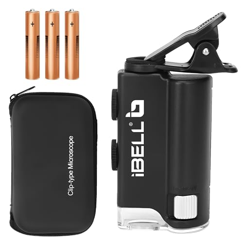 Image of iBELL IBL60-10 Professional Pocket Microscope with Phone Clip, 60X-100X Magnification, Optical Glass Lens, LED Illumination, Portable Handheld Microscope for Inspection and Educational Use