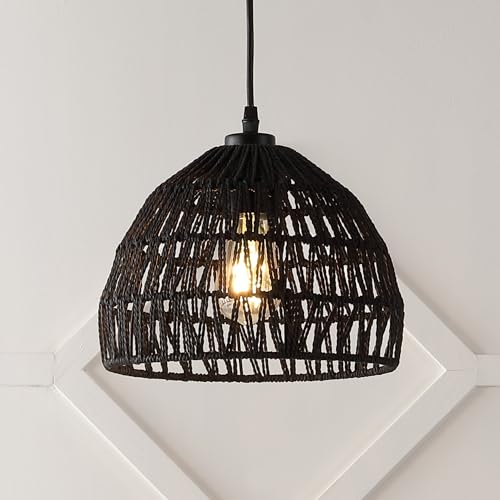 Image of JONATHAN Y 10.25 inch Black Modern Bohemian Woven Rope LED Pendant Light Fixture, Adjustable Dome Ceiling Lamp for Kitchen Island, Rope Shade, Coastal Farmhouse Decor (JYL6513B)
