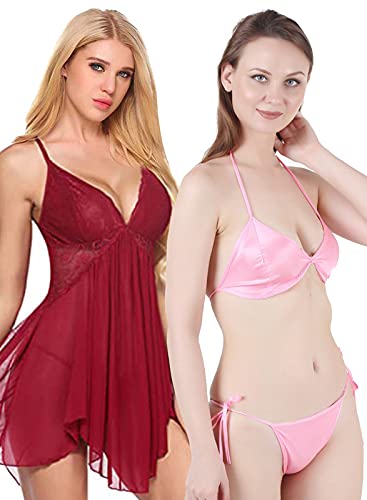 Image of Love Maker Lace Net Stylish Women Nightwear with Cotton Bra Panty Set for Women, Non Padded Bra Panty Set for Women & Night Wear Honeymoon Nighty for Women.