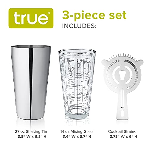 True 3-Piece Barware Set With 7 Cocktail Recipes And Measurements Printed On Mixing, Includes Shaker Tin And Hawthorne Strainer, Glass And Stainless Steel, Assorted #TOP1