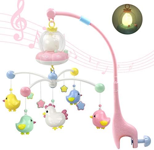 MARUMINE Baby Musical Crib Mobile with Night Light and Music, Hanging Rotate Rattles, Multifunctional Music Box, Toy for Newborn 0-24 Months Infant Boys Girls Sleep (Pink)