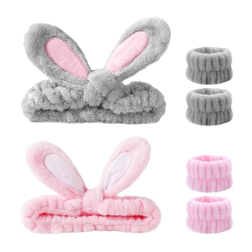 2 diademas de maquillaje, 4 bandas de muñeca para el lavado facial, diadema de orejas de conejo de peluche, banda elástica suave para maquillaje, diadema para lavar la cara para mujeres y niñas
