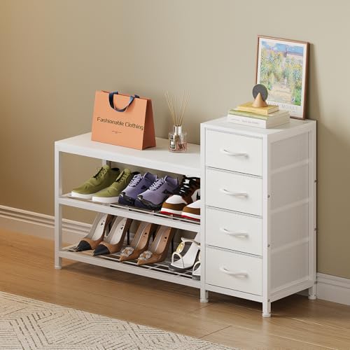 Image of EXOTICA Industrial Shoe Storage Bench with 4 Drawers & Seat, White