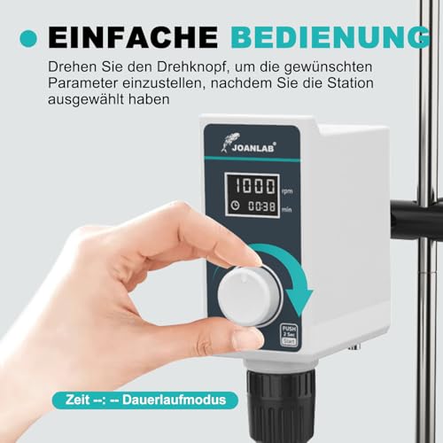 JOANLAB Laborrührwerk Overhead Stirrer, 50W Laborrührer mit Rührblatt & Edelstahl-Ständer, Verstellbare Geschwindigkeit 100-1500 U/min, Timer 1min-24h, für max. 20L & 20000 mPas