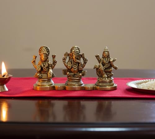 Image of ESPLANADE Brass - Laxmi Ganesh Saraswati Idols | Ganesha Lakshmi Sculpture Murti Idol Statue | for Home Temple, Office Mandir, Home Decor (2 inch Height), Gold