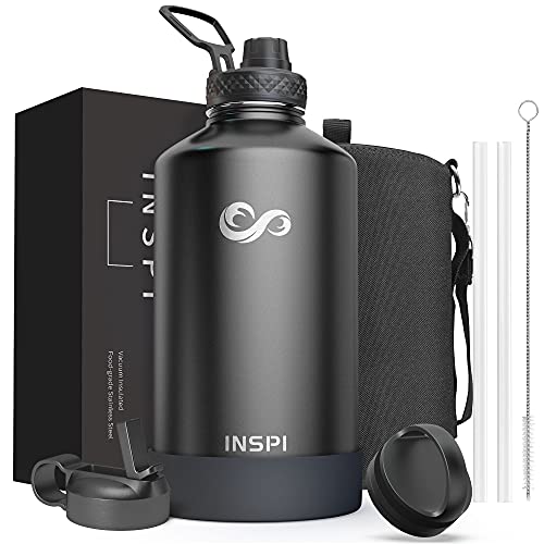 INSPI Insulated Water Bottle, 128oz Gallon Water Jug with Straw & Spout & Handle Lids, Carrying Pouch and Silicone Boot, Wide Mouth Water Flask, Cold Hot Sports Large Thermo Water Bottles, Black