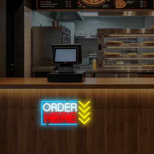 Image of Order Here Neon Sign Coffee Restaurant Ordering Area LED Light | Shop Opening Gift USB Powered Dimmable Oder Sign Cafe Bar Decor Business Wall Decoration 16.5 inchx8.7 inch