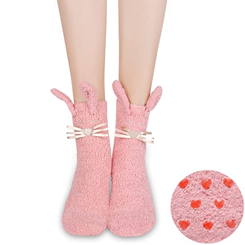 Women Fuzzy Non Slip Slipper Socks Girls Non Skid Winter Warm Fleece Cozy Fluffy Soft 3D Cartoon Animal Cute Crew Socks Novelty Funny Kawaii Home Sleeping Hospital Socks Gift,Pink Rabbit #TOP1