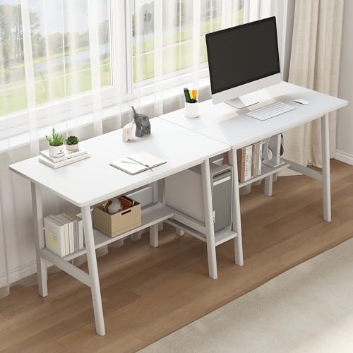 NELYE 2-Person Writing Desk with Bookshelf - 79" Wooden Extra Long Home Office Work Table, Double Study Computer Workstation with Storage Shelves in White, 79" W x 24" D