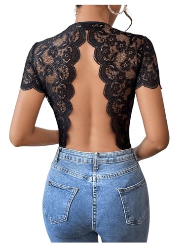 Verdusa Women's Lace Short Sleeve Bodysuit Backless Bodysuits Tummy Control Night Out Concent Outfits Black Medium