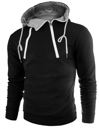 Ohoo Men's Slim Fit Twin Track Quarter Zip Pullover Hooded Sweatshirt Lightweight Long Sleeve Hoodie