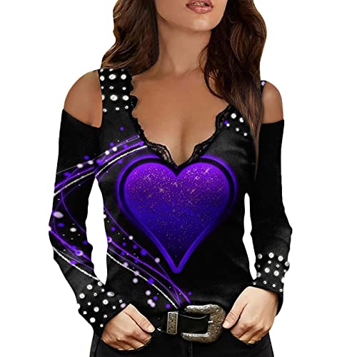 Top genérico para mujer, encaje con cuello en V, manga larga, hombros descubiertos, blusa elegante, túnica romántica, camiseta casual, morado, S