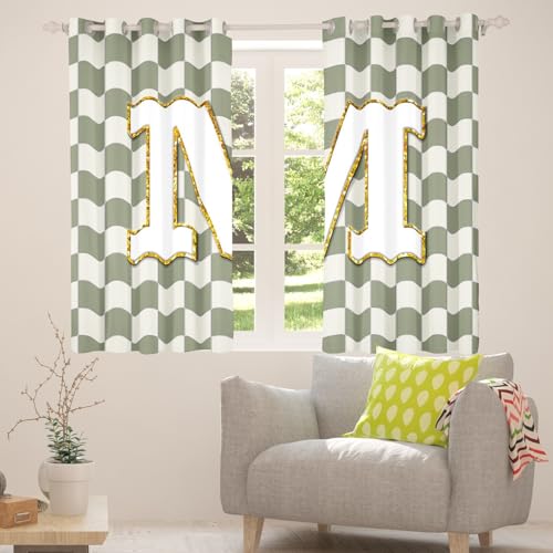 Image of Erosebridal Sage Green Checkered Window Drapes Plaid Initial M Blackout Curtains 38 inch Wx45 L Personalized Monogram Curtains for Bedroom Living Room,Grids Gingham Window Treatments 2 Panels