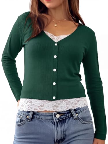 Image of Womens Lace Long Sleeve Top Paneled Henley Shirts Y2k 2000s Fitted Going Out Tops Blouse