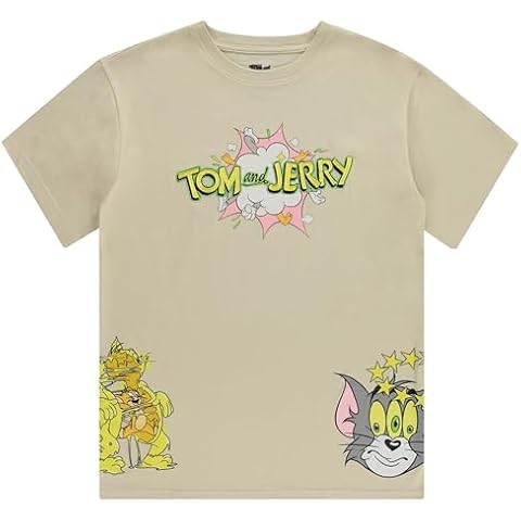 Mens Tom & Jerry Battle Shirt - Classic Hanna-Barbera Tee - Vintage Cartoon Short Sleeve T-Shirt (Sand, Large) Cover