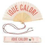 Fisura – Abanico original con mensaje “qué calor”. Abanico de madera moderno y gracioso. Abanico beige y rojo. Medidas: 42,5 x 23 cm. Madera y textil.
