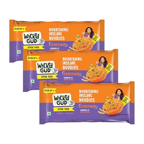 Wickedgud Whole Wheat Schezwan Noodles 240g (Pack of 4) x 3 | No Maida | No Palm Oil | Source of Protein