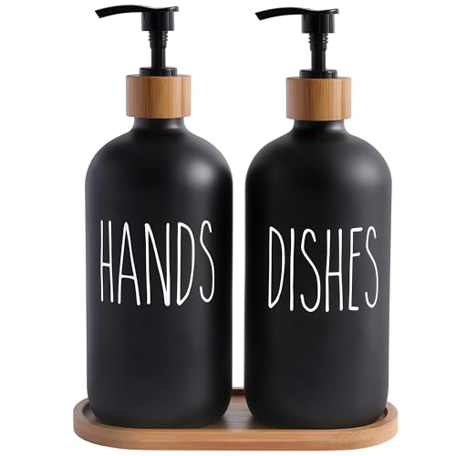 Glas Seifenspender Set, BIKALAN 475ml Seifenspender Schwarz Matt Badezimmer Set mit Tablett, Shampoo Lotion Handseifenspender für Küche Arbeitsplatte