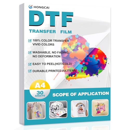HONGCAI 30 sheets DTF Transfer film A4 (8.3‘ x 11.7’) double-sided Matte pre-treated PET heat transfer paper, cold and hot peel, suitable for DTF inkjet printer, Direct Printing on T-Shirt and Fabrics