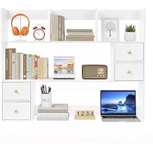 3-Tier Desktop Hutch Bookshelf, 31.5 Inch Desktop Bookshelf Storage Rack with 4 Drawers, Desk Hutch for Computer Monitor, Desk Shelf Bookcase for Home Office Dorm
