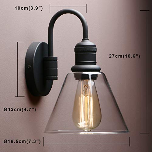 Yosoan 1-Light Vintage Industrial Fixture Light, Funnel Flared Clear Glass Shade With Elegant Gooseneck Curved Rod Wall Sconce For Bathroom Porch Kitchen Living Room Hotel Bar Foyer(Black) #TOP1