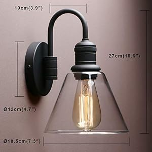 Yosoan 1 Light Vintage Industrial Fixture Light Funnel Flared Clear Glass Shade with Elegant Gooseneck Curved Rod Wall Sconce for Bathroom Porch Kitchen Living Room Hotel Bar FoyerBlack