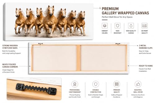 Image of 7 Horse Vastu Sunrise Canvas Painting | Positive Energy Wall Decor | Big Size Premium Running Horses Artwork for Home, Office & Hall Decoration (Modern, Light Brown Horse, 44x20 Inch)