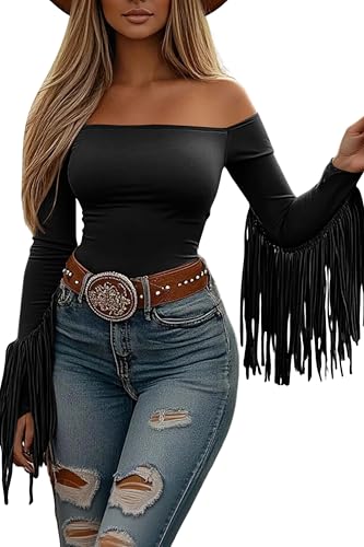 ZEXIGLAD Off The Shoulder Fringe Tops for Women Western...