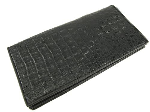 Genuine Crocodile Caiman Hornback Skin Soft Leather Checkbook Long Wallet (Black)