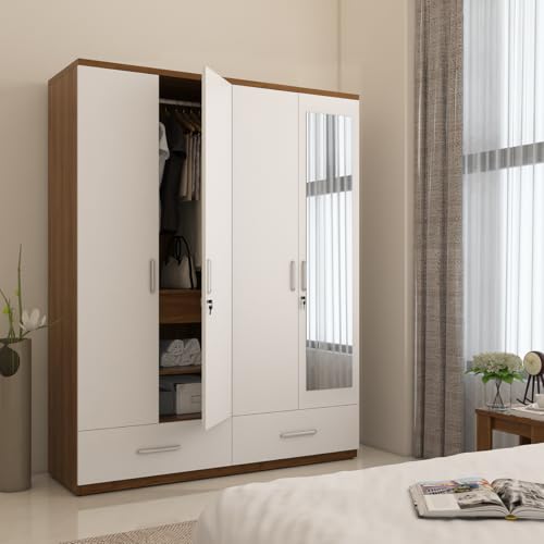 Image of Spacewood Apex 4 Door Wardrobe with Mirror | Frosty White Finish | Engineered Wood Almirah with 3 Drawers (1 Lockable), 2 Hanging Spaces & 1 Internal Locker | Bedroom Cupboard Almari | 3-Year Warranty