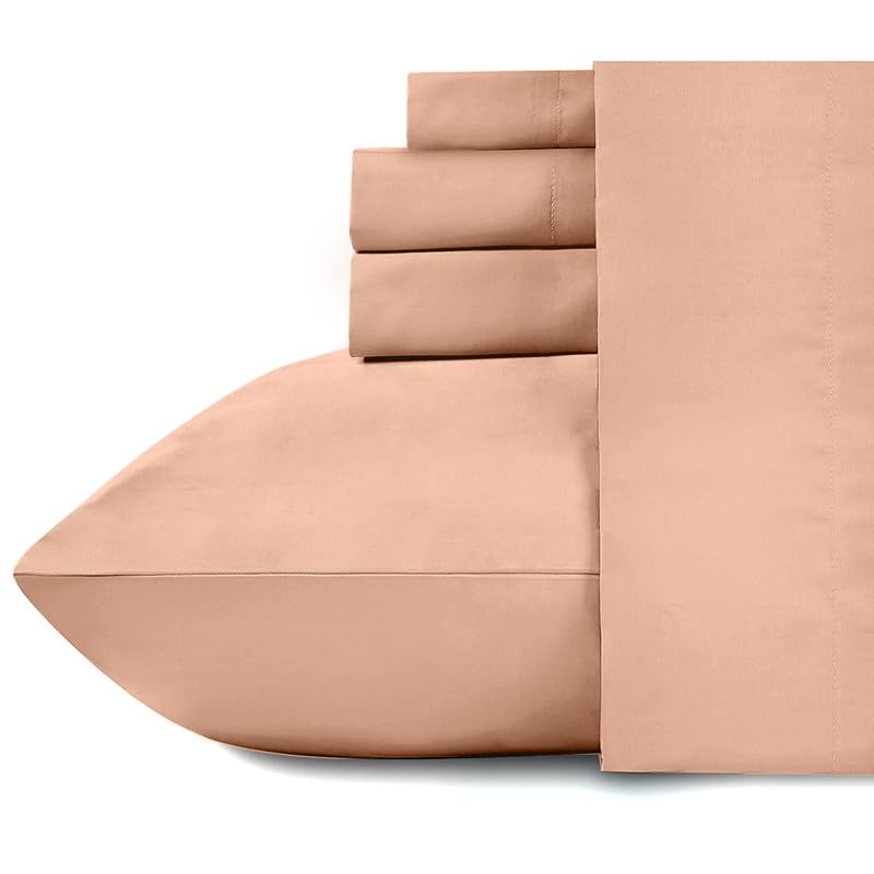 Image of NAKSH King Size Bedsheet Cotton Elastic Fitted 78 x 72 Inch, 210 TC Plain Pure Cotton, Peach | 1 King Size Bedsheet with Elastic Fitted and 2 Pillow Covers