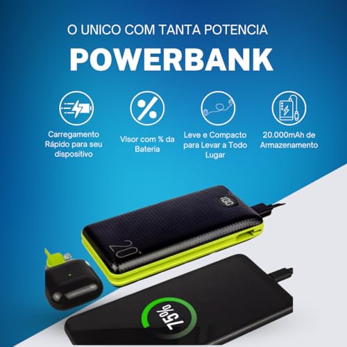 Carregador Portátil (Power Bank) Carregamento Rápido Turbo 20000mAh 1 Saída USB C + 1 Lightning + 1