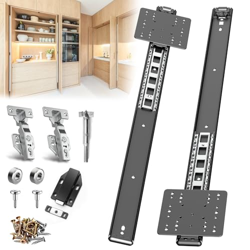Image of 22in Pocket Door Hardware Slide 1 Set,Cabinet Hidden Sliding Pocket & Pivot Door Rail with Hinge for Heavy Duty Furniture,Soft Close Retractable Hardware Kit for Kitchen & Recessed Wardrobe