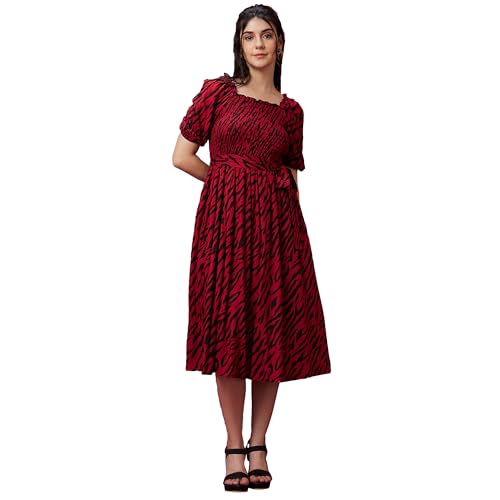 Image of Globus Women Black and Red Square Neck Puff Sleeve Smocked Midi Dress-3640243001