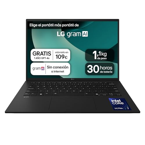 LG gram 14ZD90T-G.AX78B Ordenador Portátil 14 Pulgadas Intel Core Ultra7 255H, 16 GB RAM, 1TB SSD, Panel IPS Antirreflejo, WUXGA, 1.120 g, 30 Horas, FreeOS, Negro, Teclado QWERTY Español